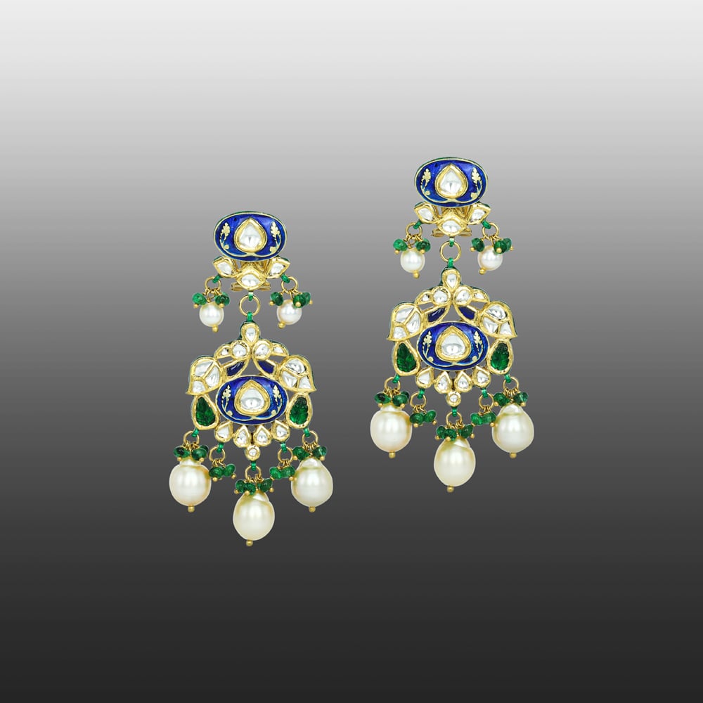 Blue Enamel Jadau Earrings with Polki, Emeralds, and Pearls